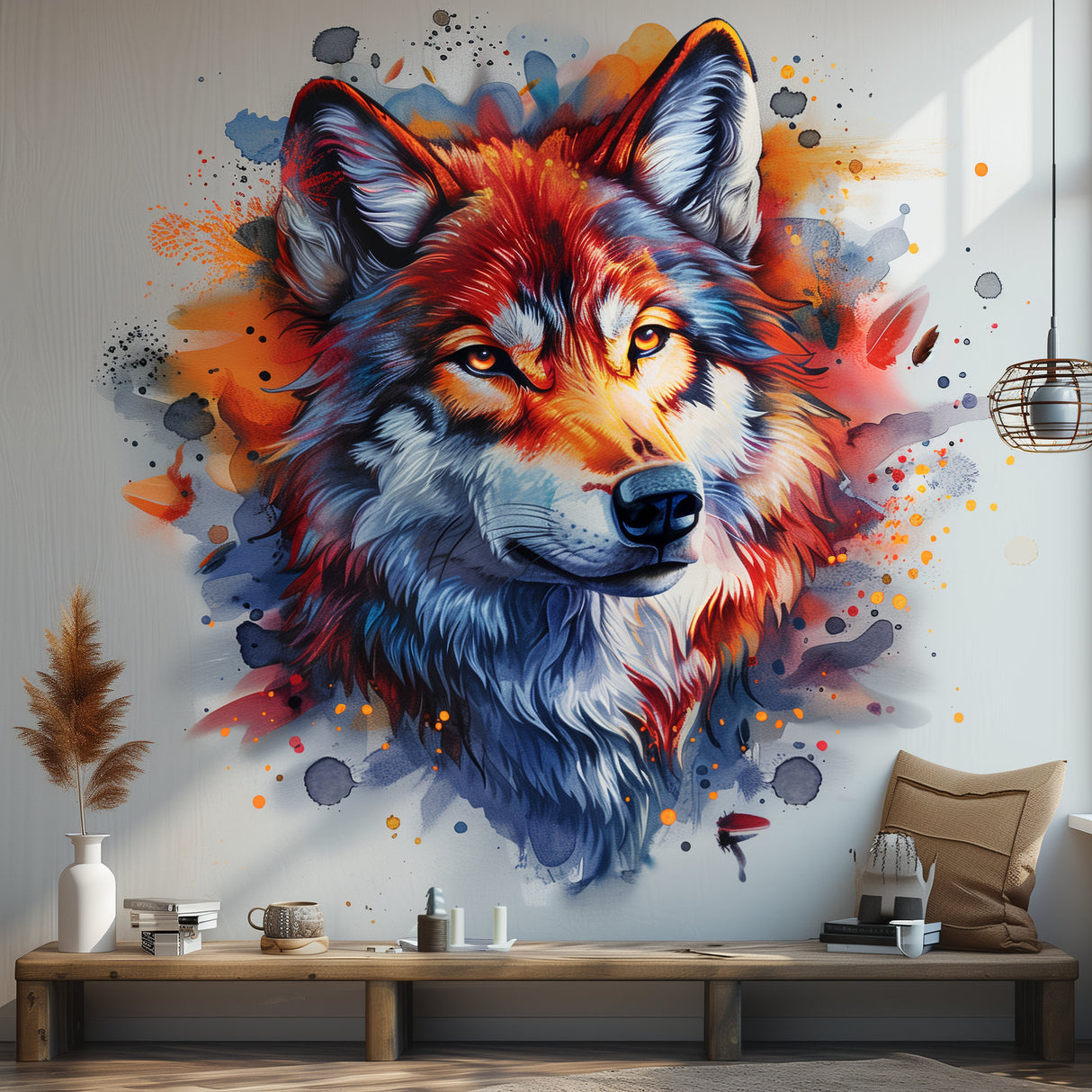 Vibrant Watercolor Wolf Head Wall Decal - Artistic Animal Sticker for Living Room, Bedroom, Creative Space - Decords