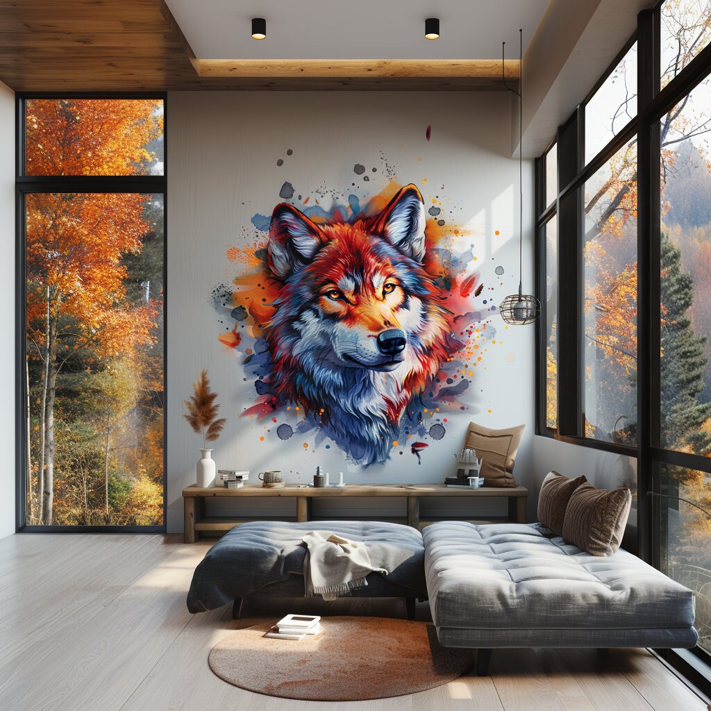 Vibrant Watercolor Wolf Head Wall Decal - Artistic Animal Sticker for Living Room, Bedroom, Creative Space - Unique Wolf Wall Art Decor