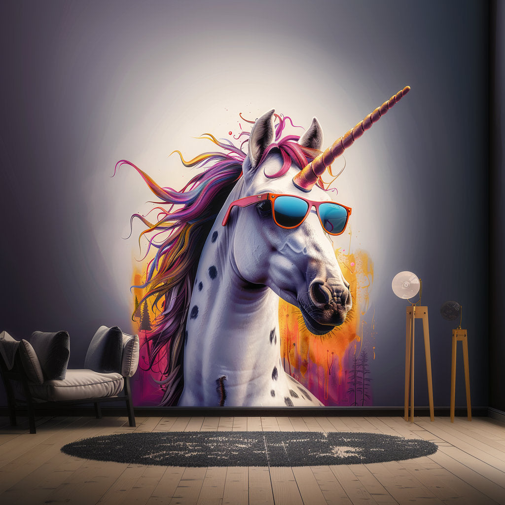 Photorealistic Unicorn Wall Sticker - Bold Vibrant Unicorn with Sunglasses Decal - Modern Whimsical Art for Living Room, Creative Studio