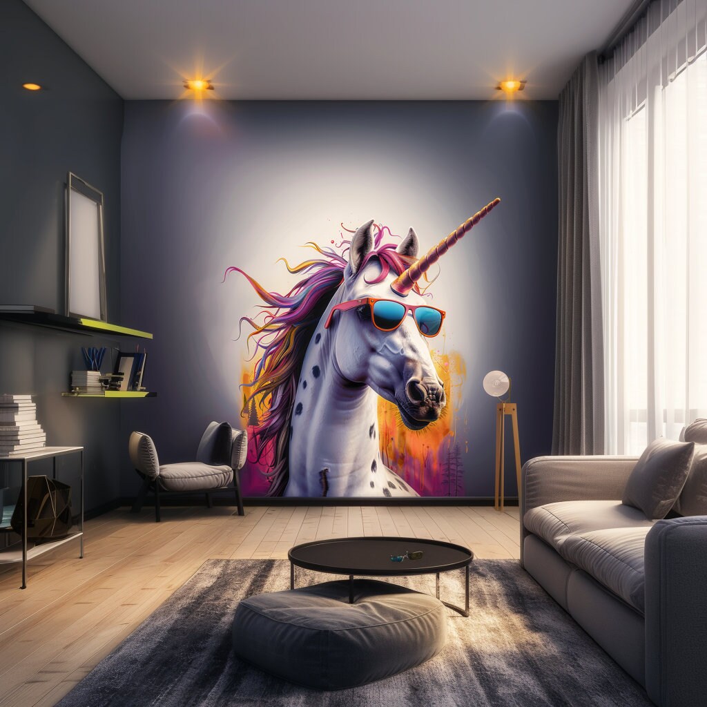 Photorealistic Unicorn Wall Sticker - Bold Vibrant Unicorn with Sunglasses Decal - Modern Whimsical Art for Living Room, Creative Studio