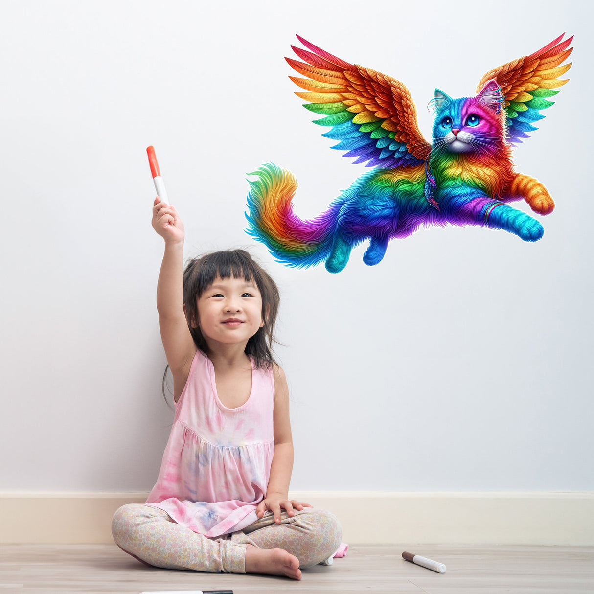 Rainbow Flying Cat with Wings Wall Sticker Decals - Vibrant Room Decor for Kids, Nursery, and Playrooms - Decords