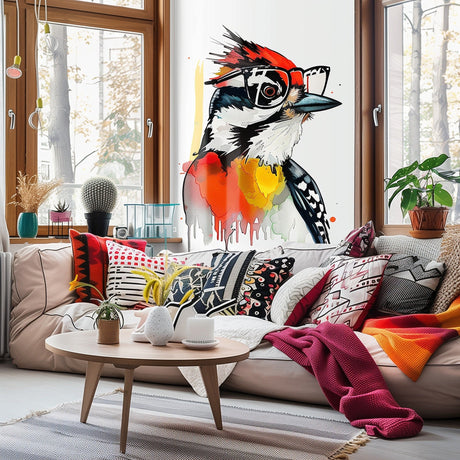 Downy Woodpecker in Glasses Watercolor Art Sticker Decals - Unique Room Decor for Nature Lovers - Decords