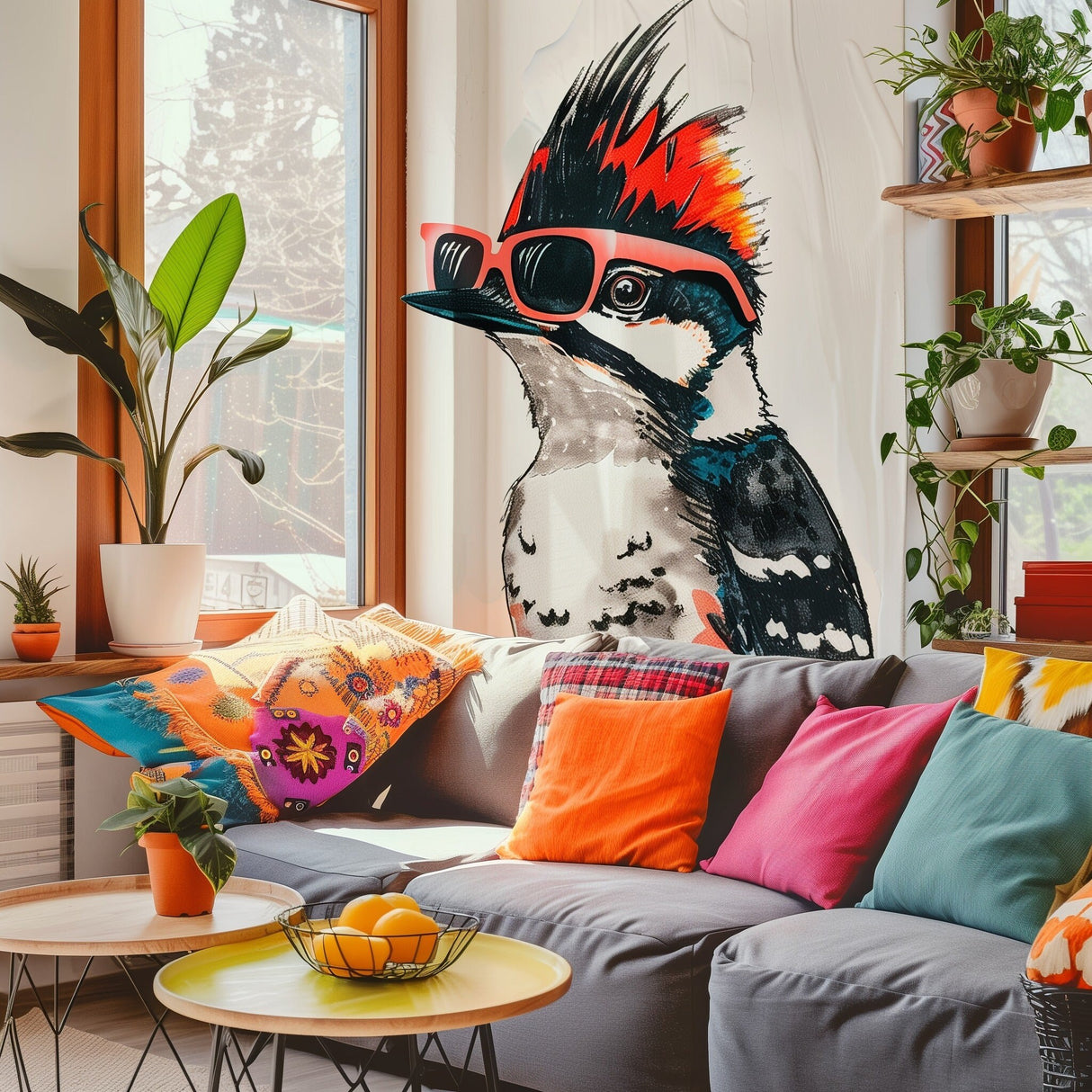 Downy Woodpecker in Glasses Colorful Stencil Style Wall Sticker Decals - Unique Room Decor for Kids, Nursery, and Living Spaces - Decords