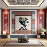 Colorful Asian Woman Portrait Wall Decal - Intricate Traditional Attire Sticker - Decords