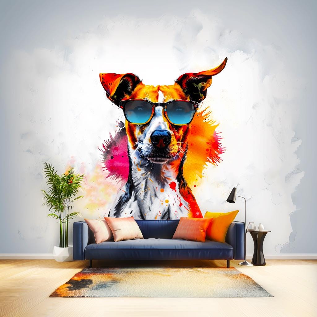 Photorealistic Jack Russell Terrier Wall Sticker - Vibrant Watercolor Dog with Sunglasses Decal - Playful Pet Art for Living Room, Bedroom