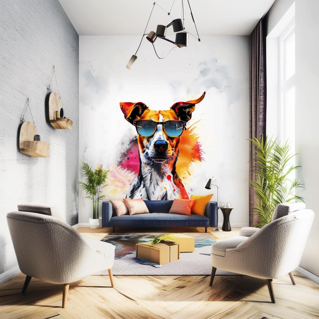 Photorealistic Jack Russell Terrier Wall Sticker - Vibrant Watercolor Dog with Sunglasses Decal - Decords