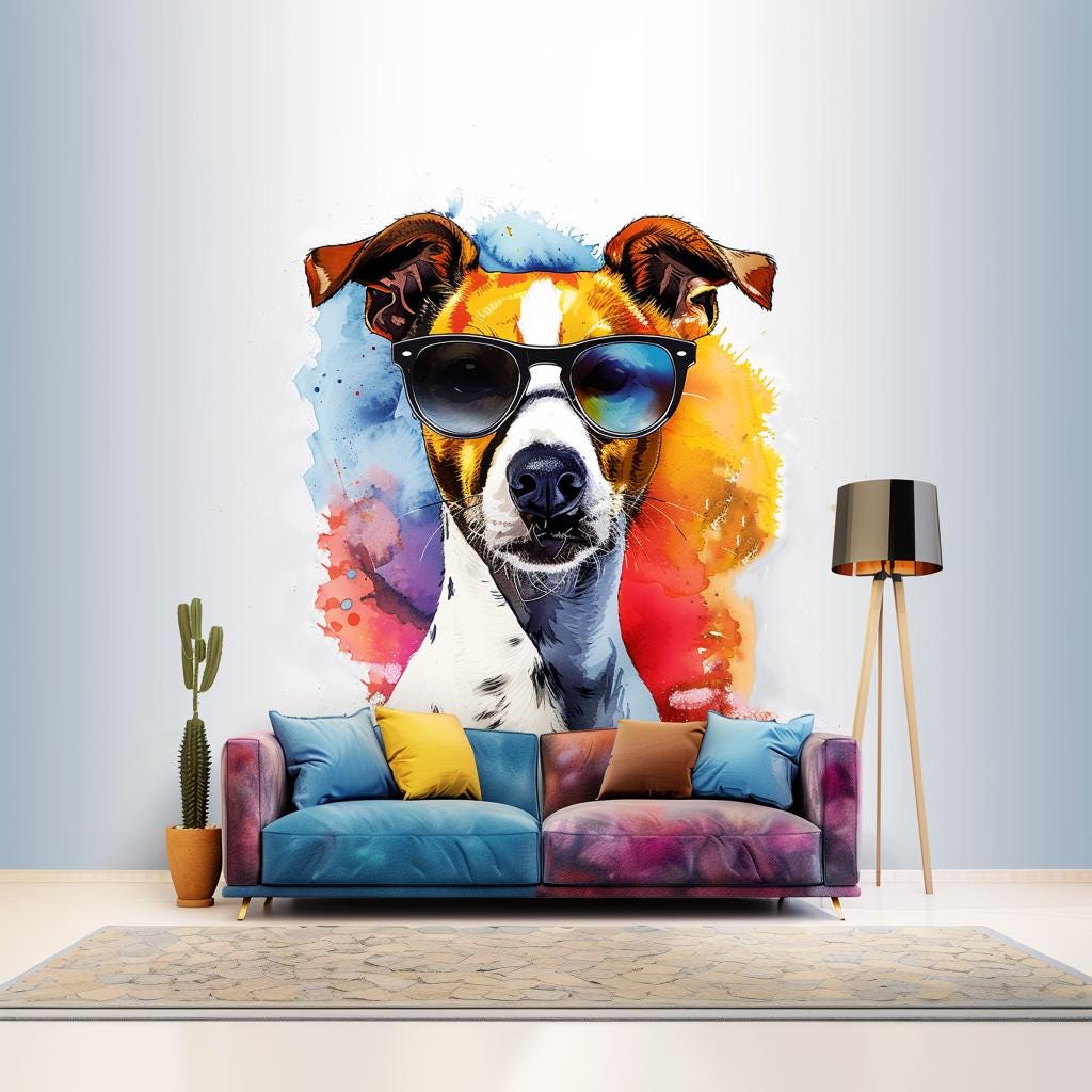 Colorful Jack Russell Terrier Wall Sticker with Sunglasses | Watercolor Dog Art Decal | Fun Pet Lover Home Decor | Living Room Wall Art - Decords