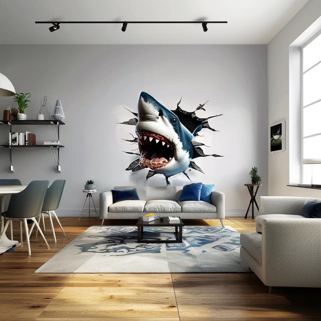 3D Great White Shark Wall Sticker | Realistic Shark Wall Decal | Underwater Adventure Home Decor | Unique Living Room Wall Art - Decords