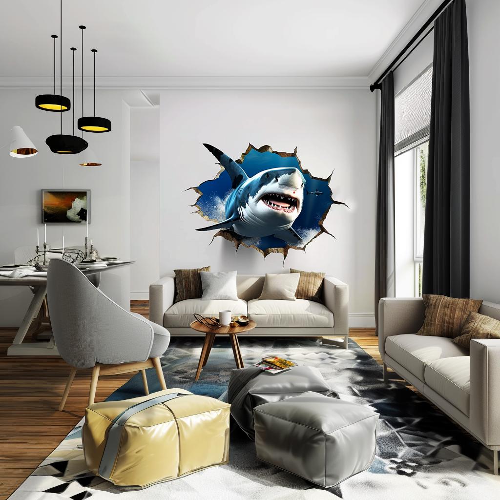 3D Tiger Shark Wall Sticker | Realistic Shark Wall Decal | Underwater Adventure Home Decor | Unique Living Room Wall Art - Decords