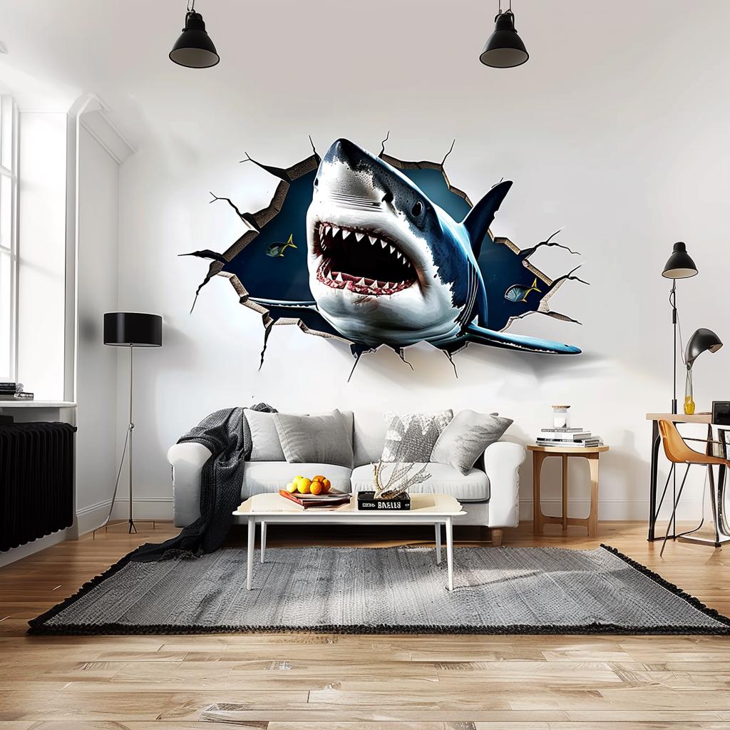 3D Great White Shark Wall Sticker | Crack Hole Realistic Shark Wall Decal | Ocean Adventure Portal Home Decor | Unique Living Room Wall Art