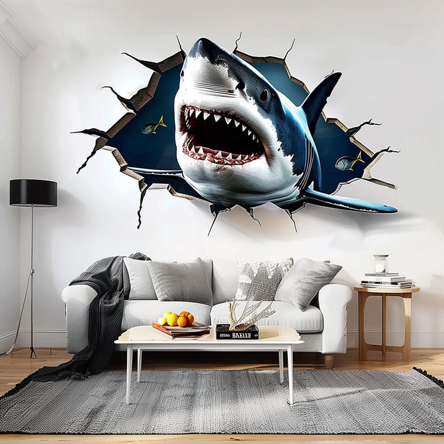 3D Great White Shark Wall Sticker | Crack Hole Realistic Shark Wall Decal | Ocean Adventure Portal Home Decor | Unique Living Room Wall Art - Decords