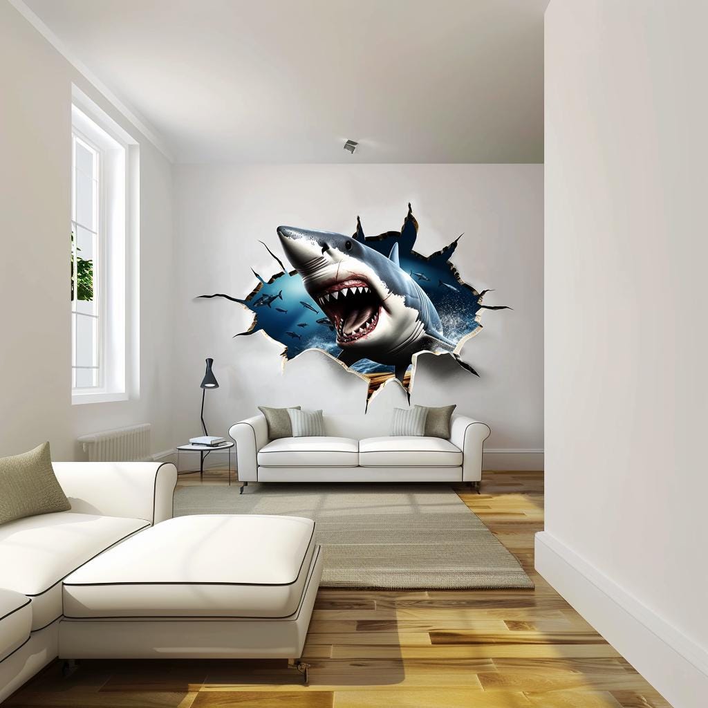 3D Crack White Shark Wall Sticker | Realistic Wall Hole Shark Decal | Scary Ocean Theme Portal Home Decor | Unique Living Room Wall Art