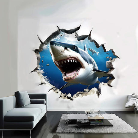 3D Realistic White Shark Wall Decal | Crack Hole with Shark open Jaw Wall Sticker | Ocean Theme Portal Room Decor Art - Decords