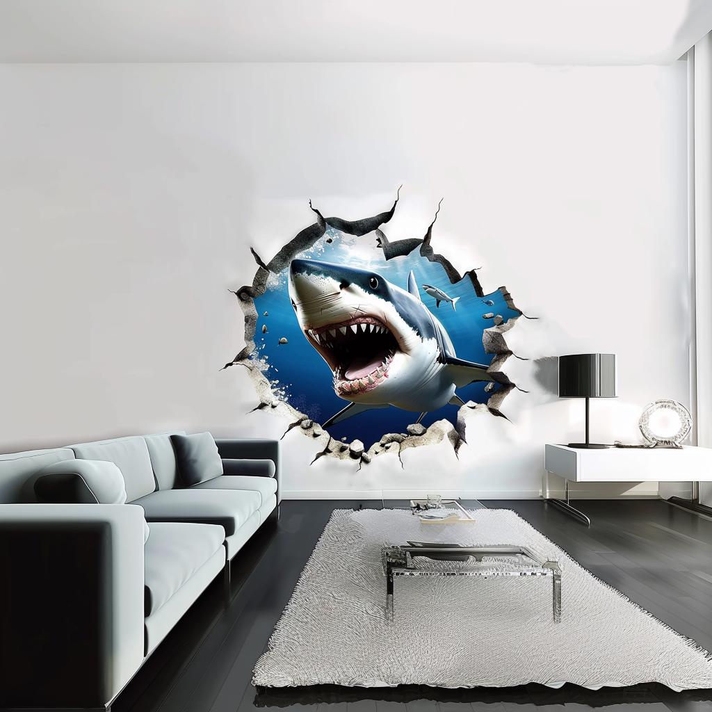 3D Realistic White Shark Wall Decal | Crack Hole with Shark open Jaw Wall Sticker | Ocean Theme Portal Room Decor Art - Decords