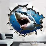 3D Realistic White Shark Wall Decal | Crack Hole with Shark open Jaw Wall Sticker | Ocean Theme Portal Room Decor Art