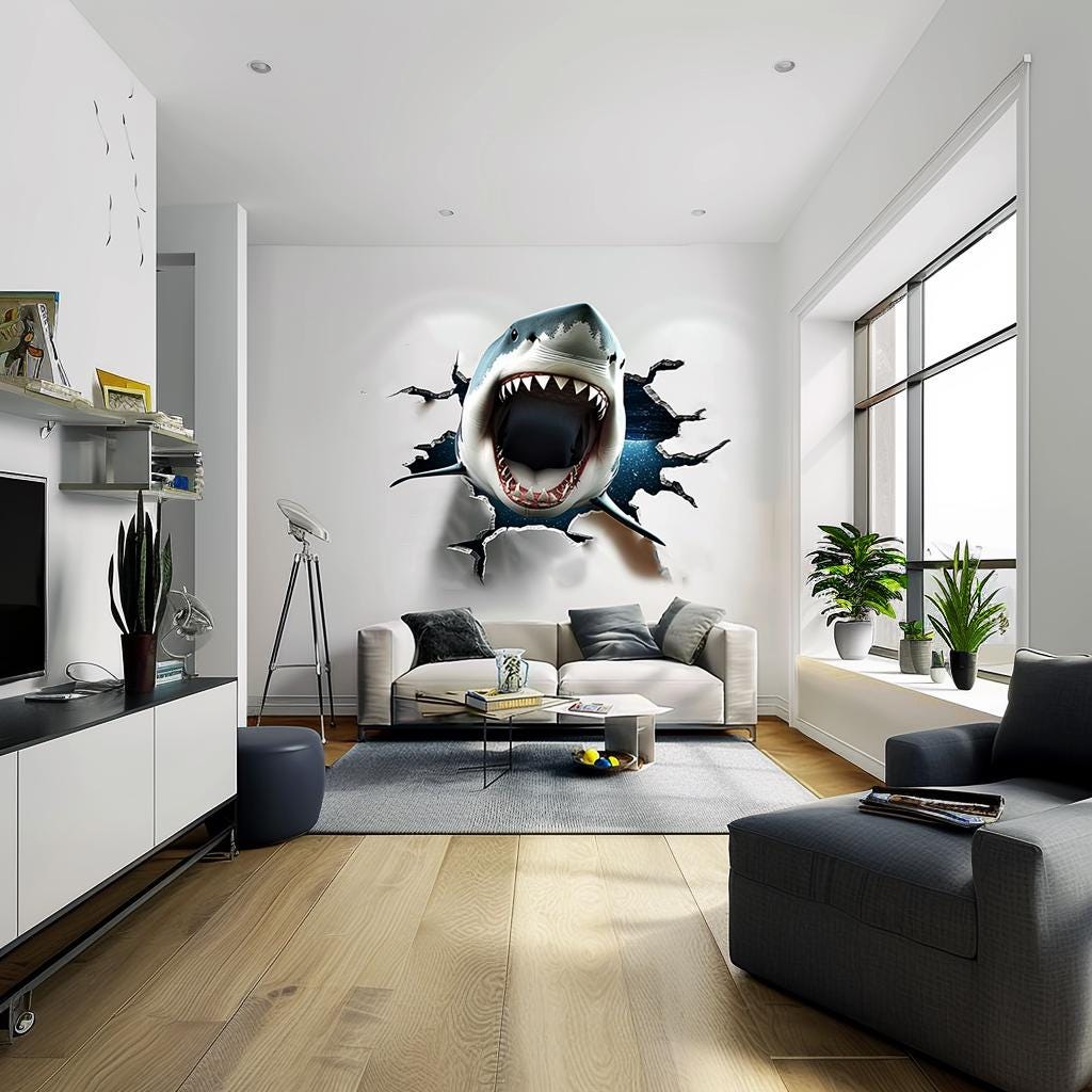 3D White Shark Wall Decal | Realistic Shark with Open Jaws Wall Sticker | Hole with Cracks Ocean Themed Home Decor | Living Room Portal - Decords