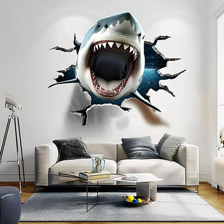 3D White Shark Wall Decal | Realistic Shark with Open Jaws Wall Sticker | Hole with Cracks Ocean Themed Home Decor | Living Room Portal - Decords