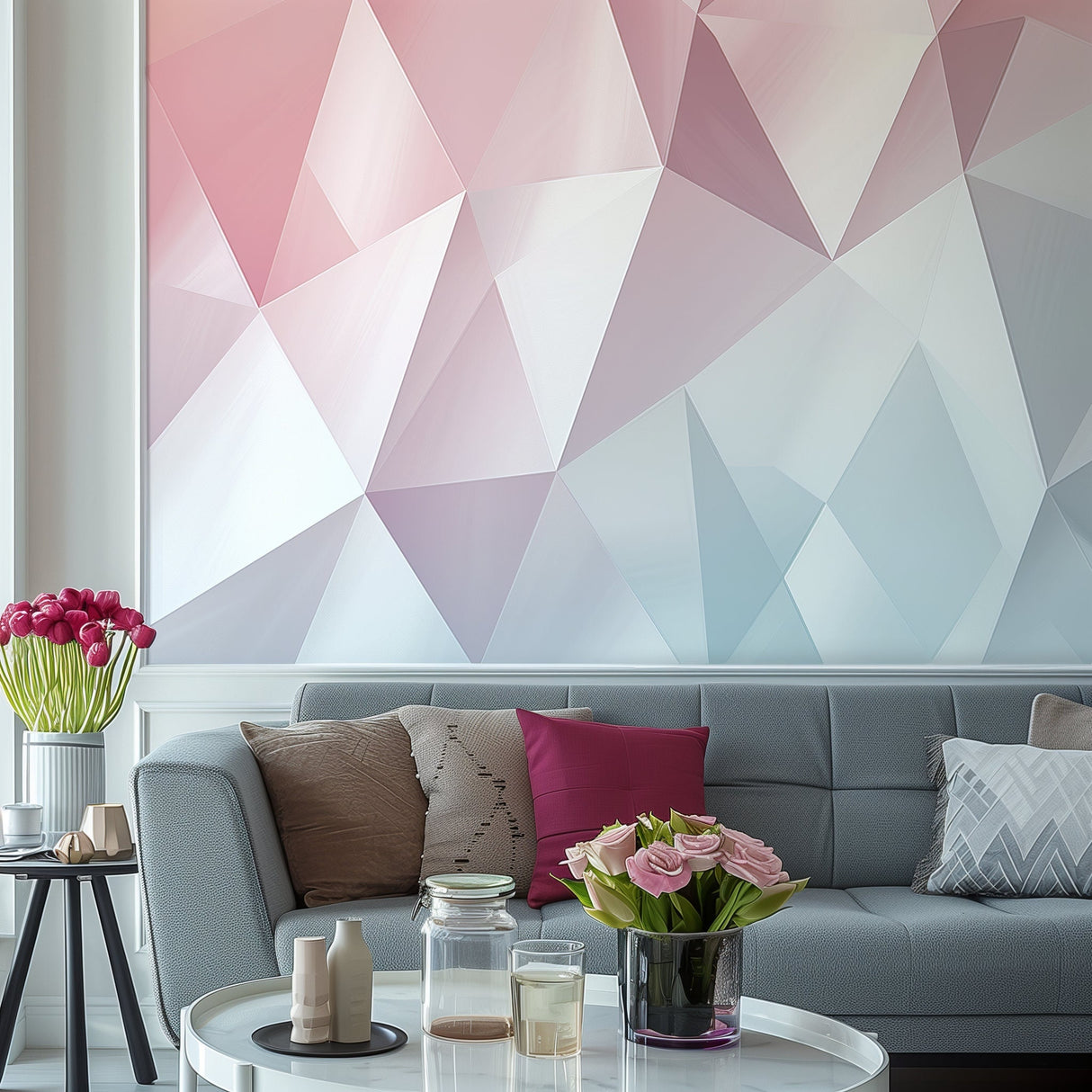 Pastel Geometric Wall Sticker | Modern Pink and Blue Geometric Wall Art | Living Room Accent Wallpaper Decal | Stylish Bedroom Decoration