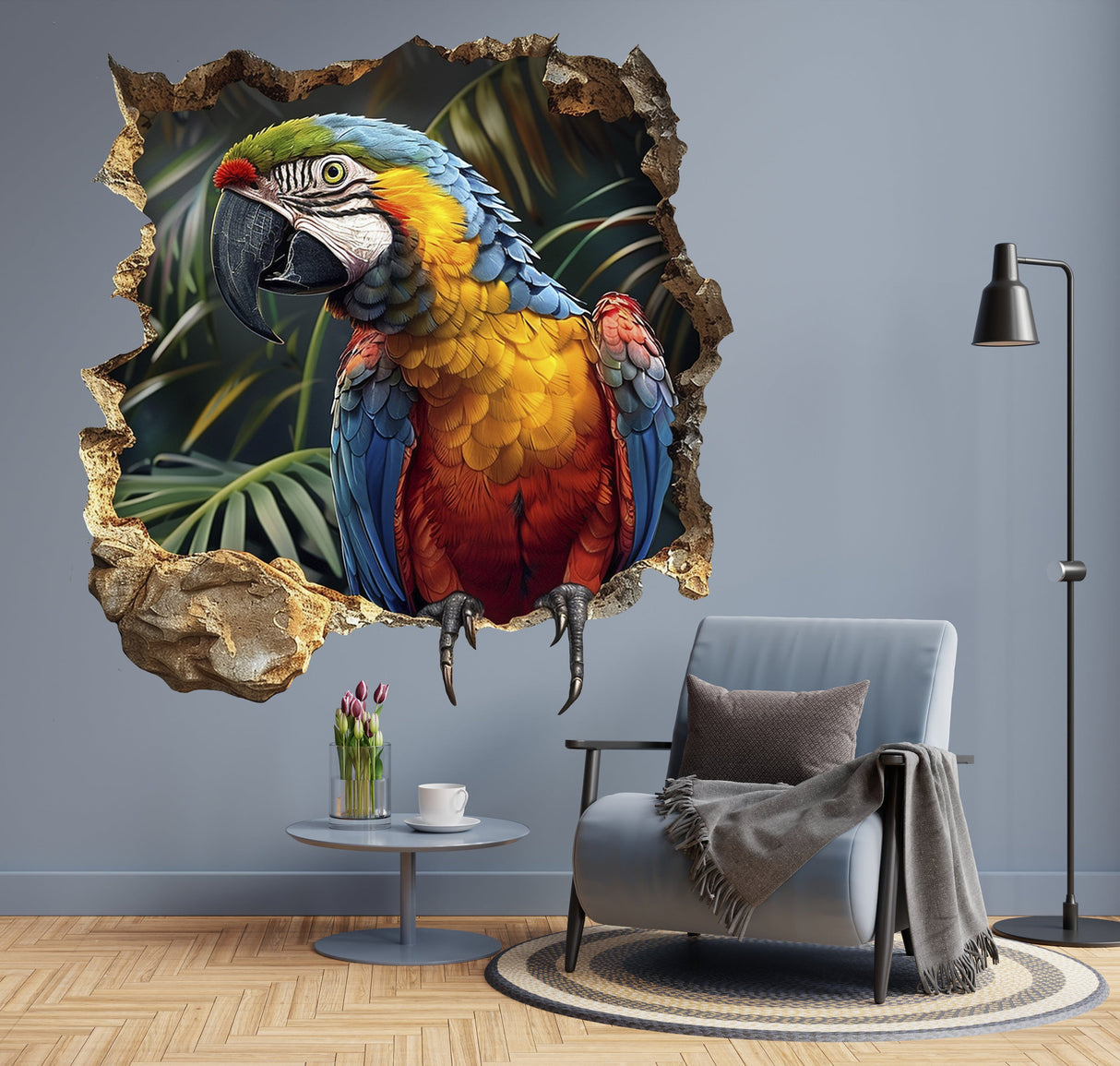 Vibrant 3D Macaw Parrot Wall Decal - Realistic Tropical Bird Sticker - Jungle Decor for Living Room Adventure Mural - Parrot Wall Art