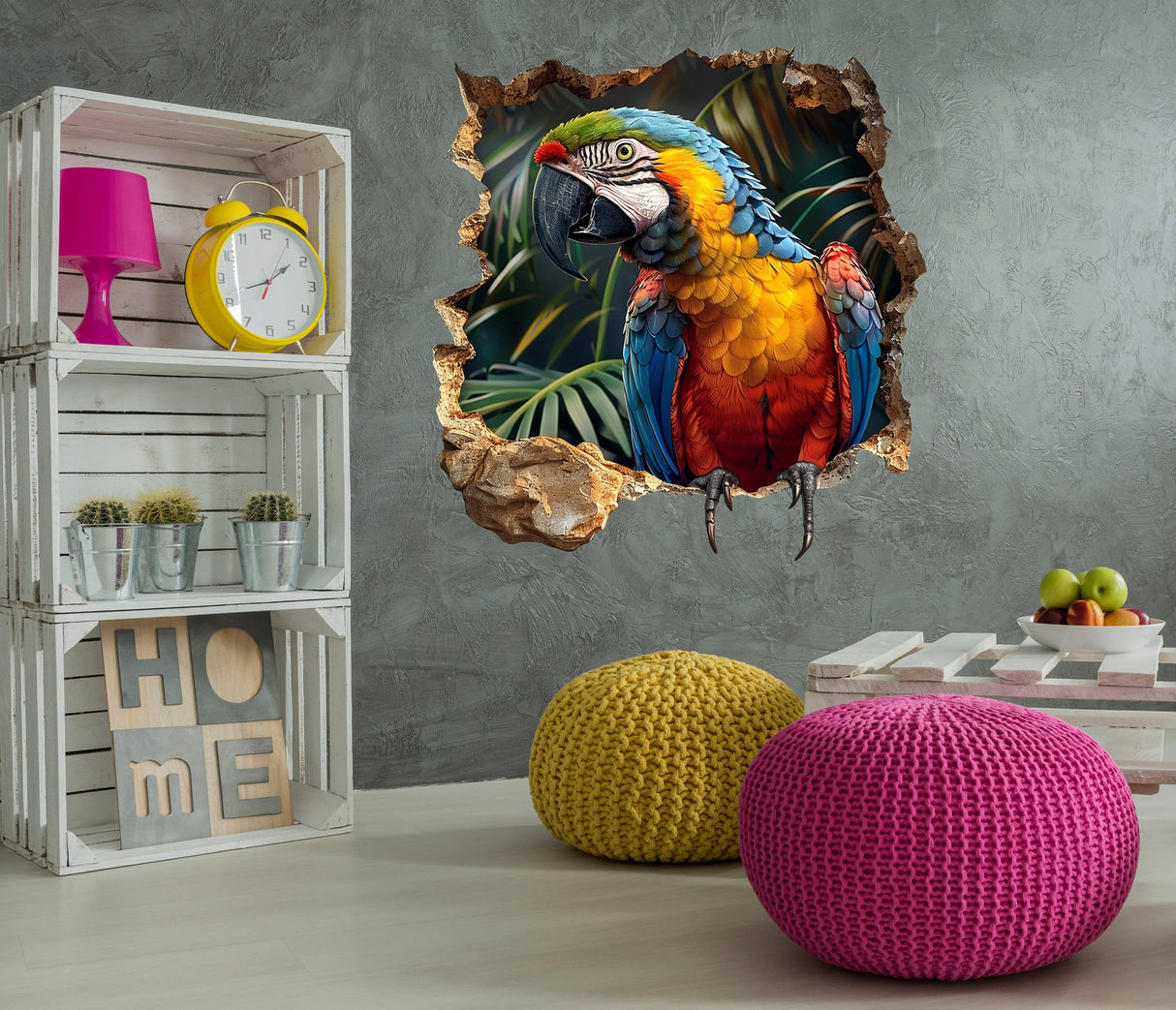 Vibrant 3D Macaw Parrot Wall Decal - Realistic Tropical Bird Sticker - Decords