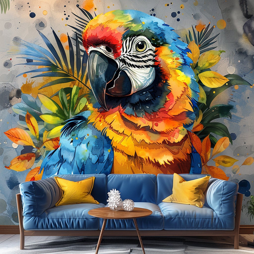 Vibrant Watercolor Macaw Parrot Wall Decal Sticker - Colorful Tropical Bird Art - Jungle Decor for Living Room - Parrot Wall Decals