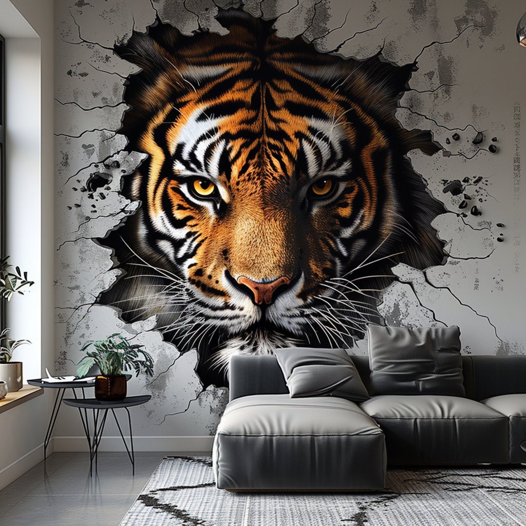 Realistic 3D Tiger Face Wall Decal - Fierce and Majestic Tiger Sticker - Perfect Room Decor - High-Quality Tiger Wall Decals for Home