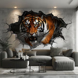 Realistic 3D Tiger Wall Decal - Majestic Animal Sticker Breaking Through Wall - Decords