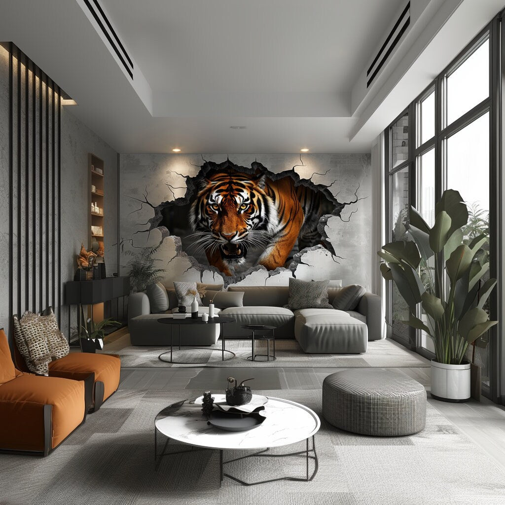 Realistic 3D Tiger Wall Decal - Majestic Animal Sticker Breaking Through Wall - Perfect Room Decor for Living Room - Unique Tiger Decals