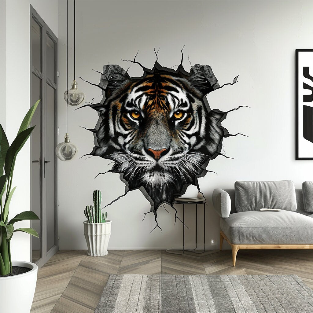 Realistic 3D Tiger Head Wall Decal - Tiger Breaking Through Wall Sticker - Decords