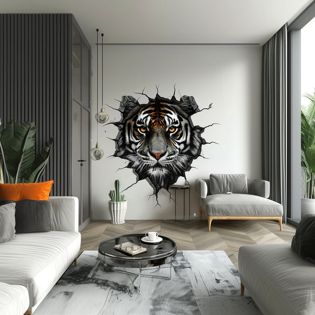 Realistic 3D Tiger Head Wall Decal - Tiger Breaking Through Wall Sticker - Room Decor - Unique Animal Wall Art Decals for Home Decor