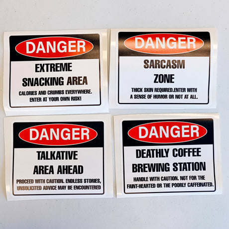 Humorous Danger Warning Label Decals | Funny Danger stickers for Office Kitchen | Witty Snacking, Sarcasm, Talkative, Coffee Area Signs