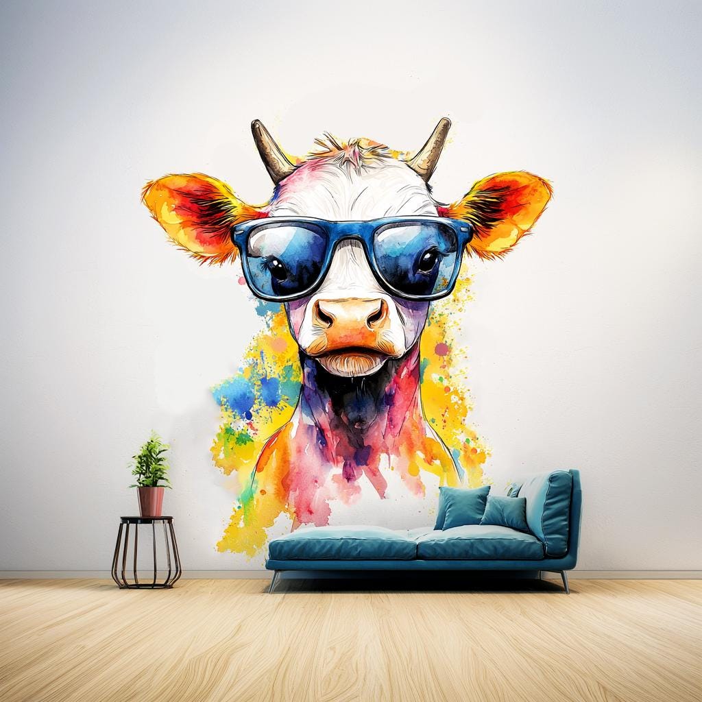 Baby Cow with Sunglasses Wall Decal | Colorful Watercolor Splash Art Sticker | Fun Kids Room Decor | Photorealistic Animal Wall Decals - Decords