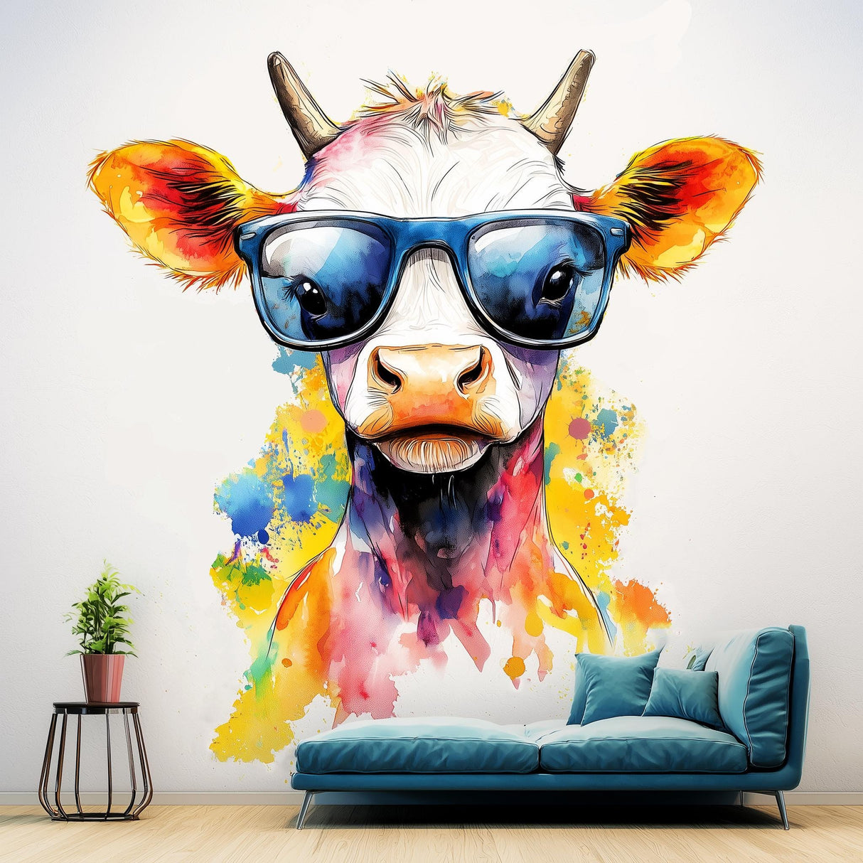 Baby Cow with Sunglasses Wall Decal | Colorful Watercolor Splash Art Sticker | Fun Kids Room Decor | Photorealistic Animal Wall Decals