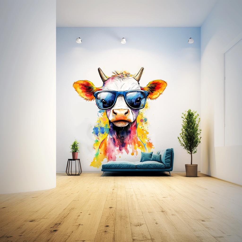 Baby Cow with Sunglasses Wall Decal | Colorful Watercolor Splash Art Sticker | Fun Kids Room Decor | Photorealistic Animal Wall Decals