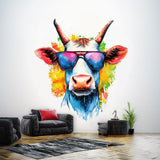 Cool Cow with Sunglasses Wall Decal | Colorful Watercolor Splash Art Sticker | Fun Kids Room Decor | Photorealistic Animal Wall Decals - Decords