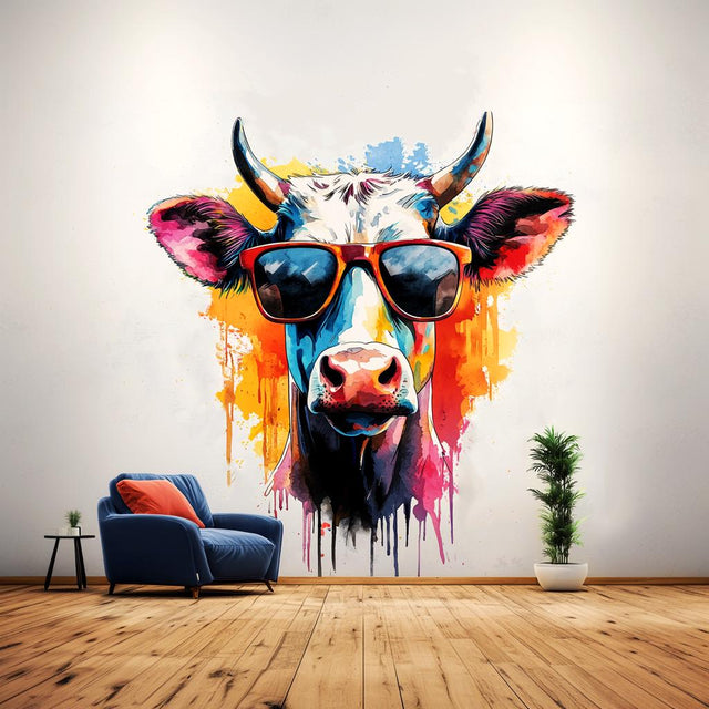 Trendy Cow with Sunglasses Wall Decal | Colorful Watercolor Art Sticker | Fun & Playful Animal Wall Decals for Home and Room Decor - Decords