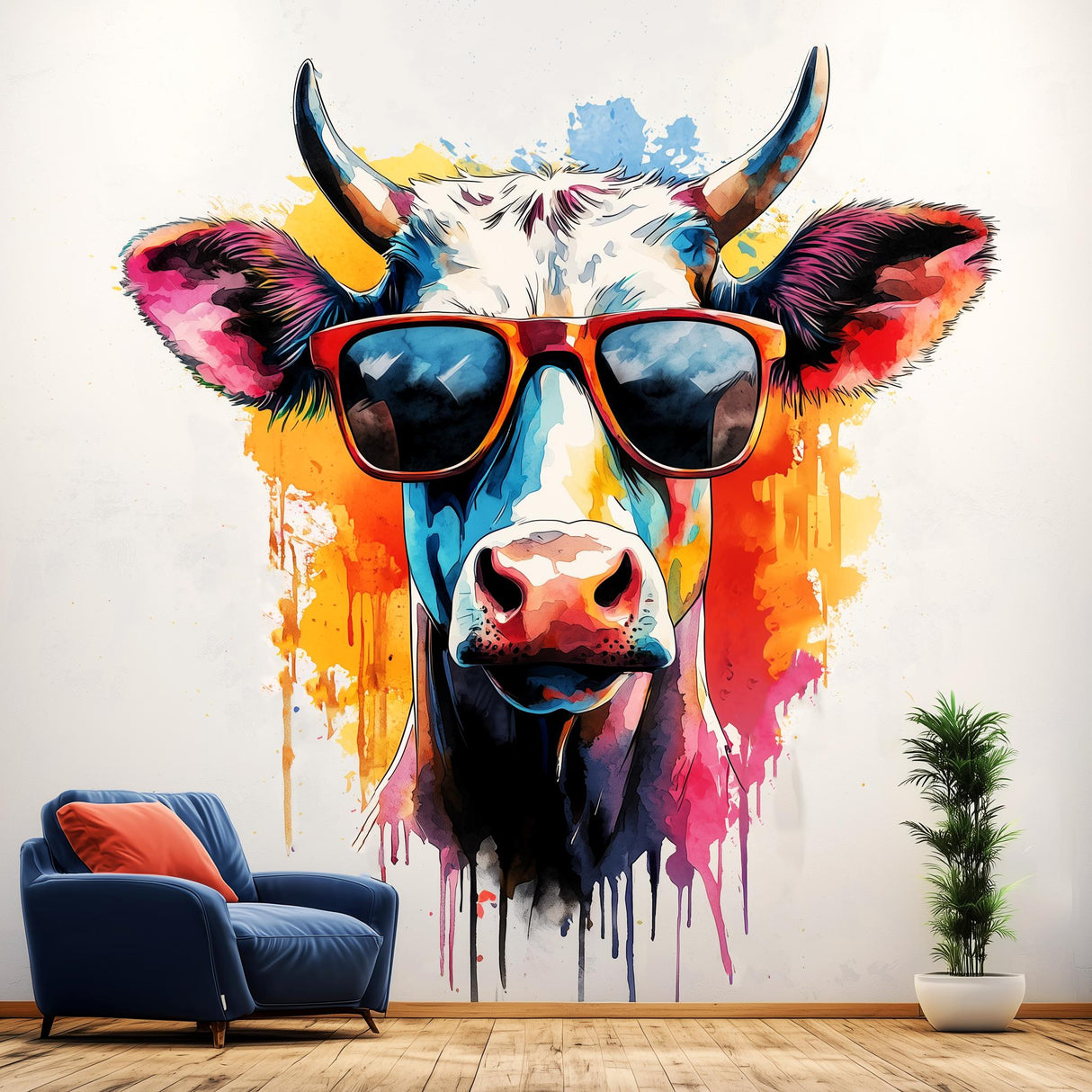 Trendy Cow with Sunglasses Wall Decal | Colorful Watercolor Art Sticker | Fun & Playful Animal Wall Decals for Home and Room Decor