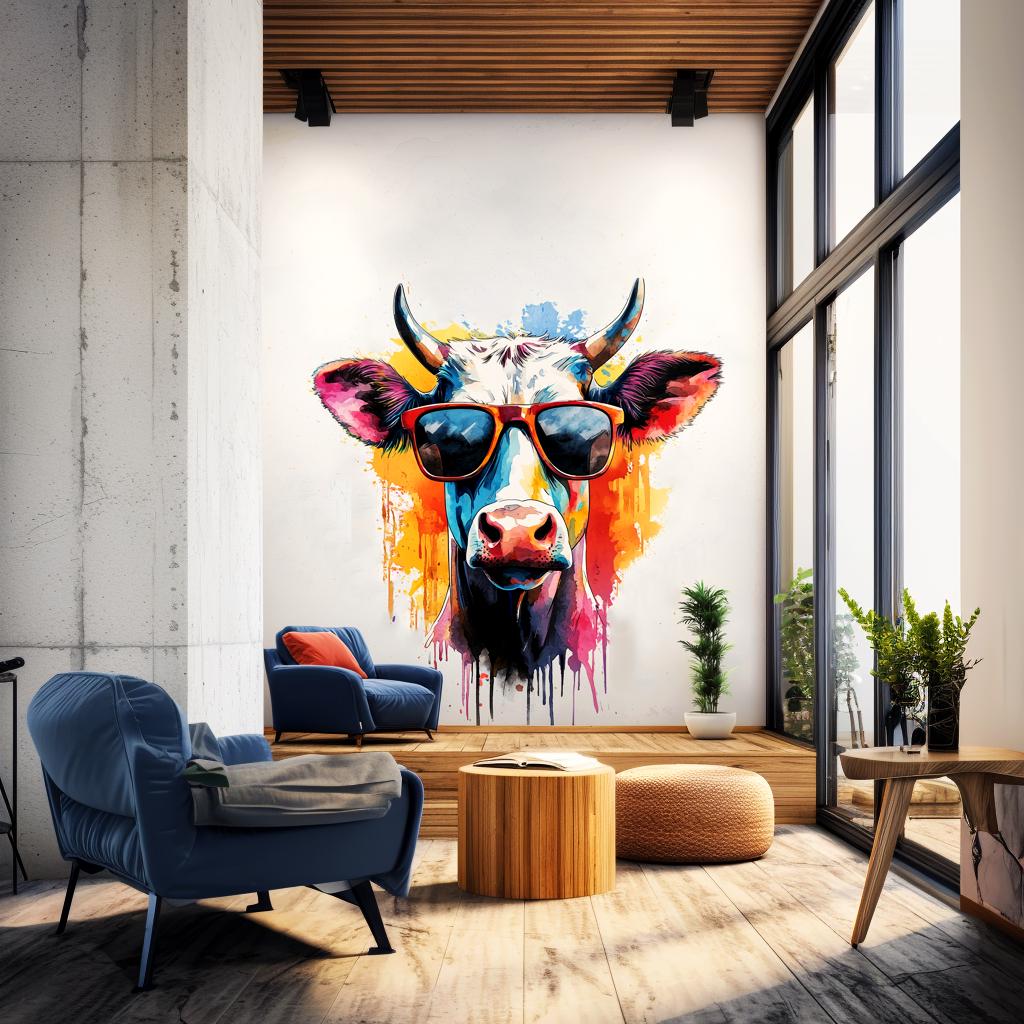 Trendy Cow with Sunglasses Wall Decal | Colorful Watercolor Art Sticker | Fun & Playful Animal Wall Decals for Home and Room Decor