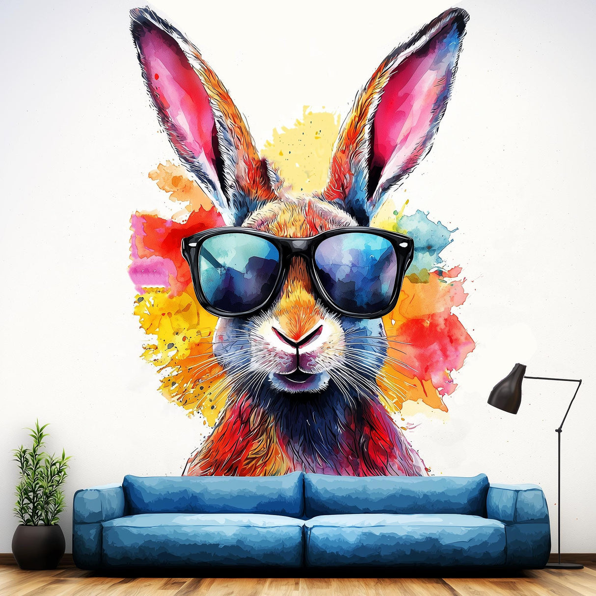 Colorful Rabbit with Sunglasses Wall Decal | Vibrant Watercolor Art Sticker | Fun and Playful Animal Wall Sticker | Room Decor for Kids - Decords