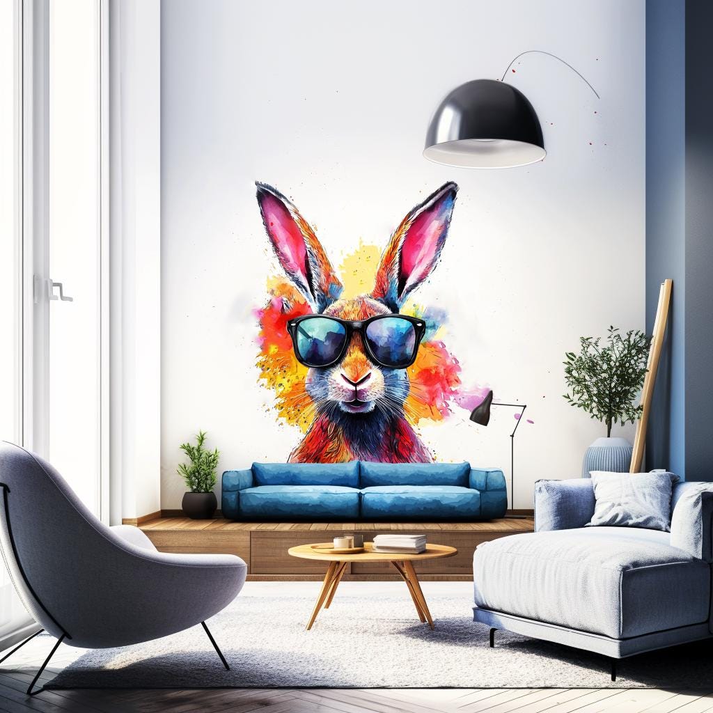 Colorful Rabbit with Sunglasses Wall Decal | Vibrant Watercolor Art Sticker | Fun and Playful Animal Wall Sticker | Room Decor for Kids - Decords