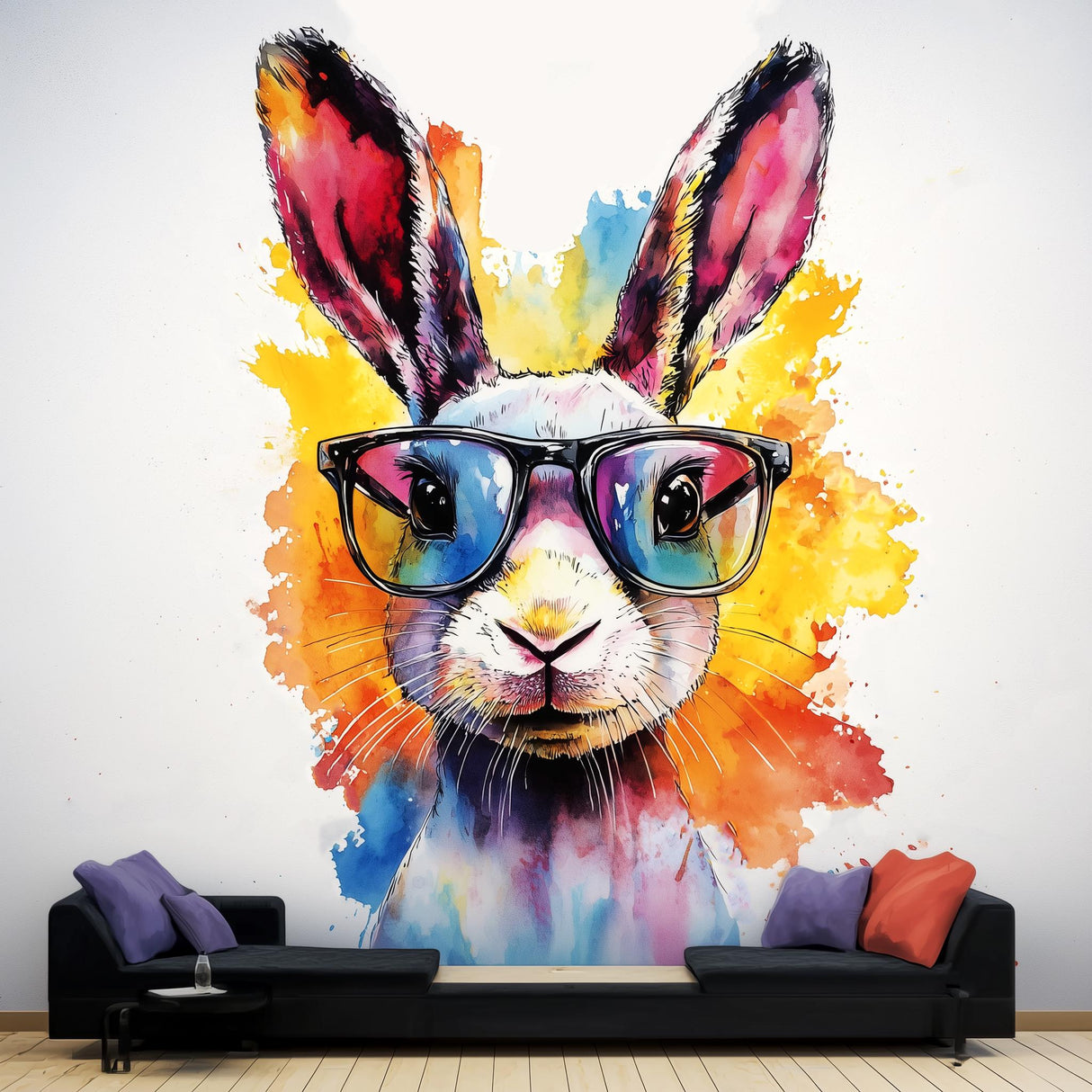 Vibrant Rabbit with Sunglasses Wall Decal | Fun Watercolor Bunny Sticker | Playful Animal Decor for Kids Room | Photorealistic Rabbit Decals