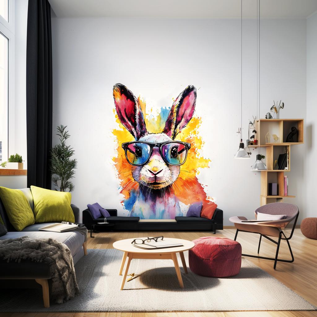 Vibrant Rabbit with Sunglasses Wall Decal | Fun Watercolor Bunny Sticker | Playful Animal Decor for Kids Room | Photorealistic Rabbit Decals