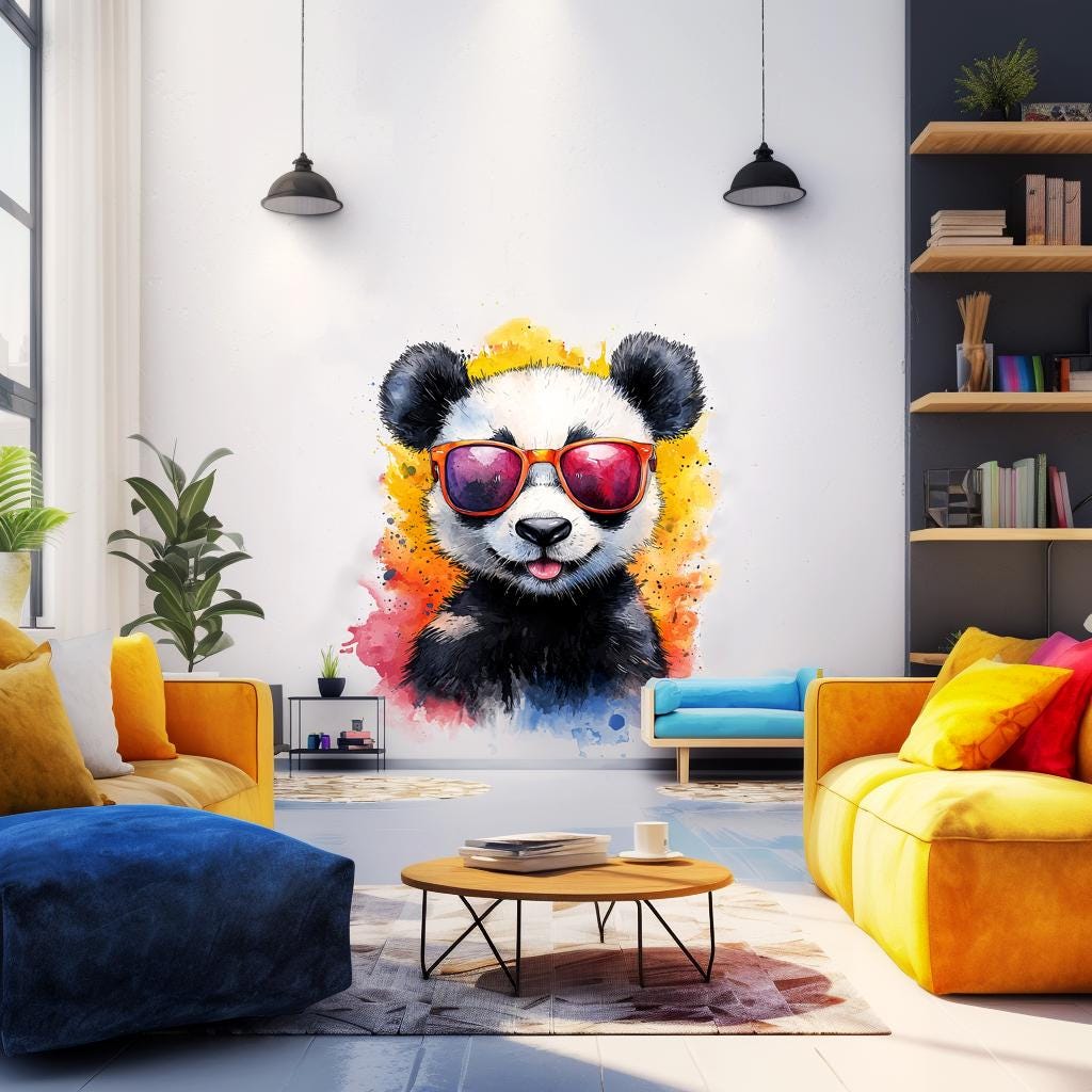 Adorable Baby Panda Wall Decal with Sunglasses | Colorful Watercolor Splash Baby Bear Sticker | Cute Animal Wall Decals - Decords