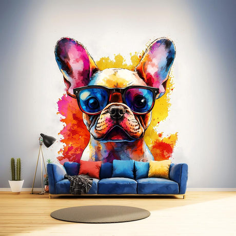 Adorable Baby French Bulldog Wall Decal with Sunglasses | Colorful Watercolor Splash Puppy Sticker Art | Fun Pet Themed Room Decor Decals