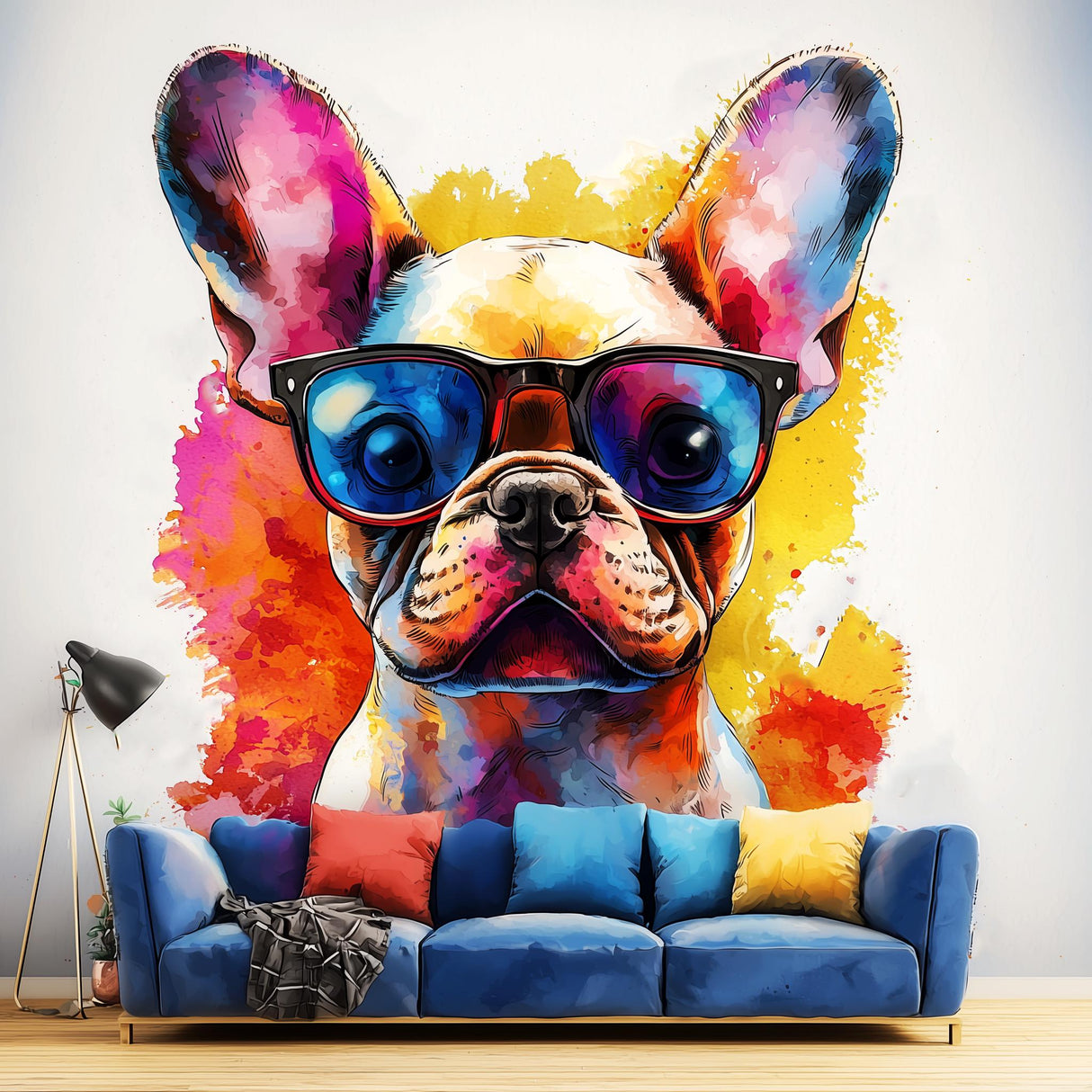 Adorable Baby French Bulldog Wall Decal with Sunglasses | Colorful Watercolor Splash Puppy Sticker Art | Fun Pet Themed Room Decor Decals - Decords