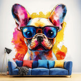 Adorable Baby French Bulldog Wall Decal with Sunglasses | Colorful Watercolor Splash Puppy Sticker Art | Fun Pet Themed Room Decor Decals