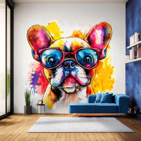 Vibrant Baby French Bulldog Wall Decal with Colorful Sunglasses | Watercolor Splash Cute Puppy Dog Sticker Art | Pet Lovers Room Decor Decal - Decords