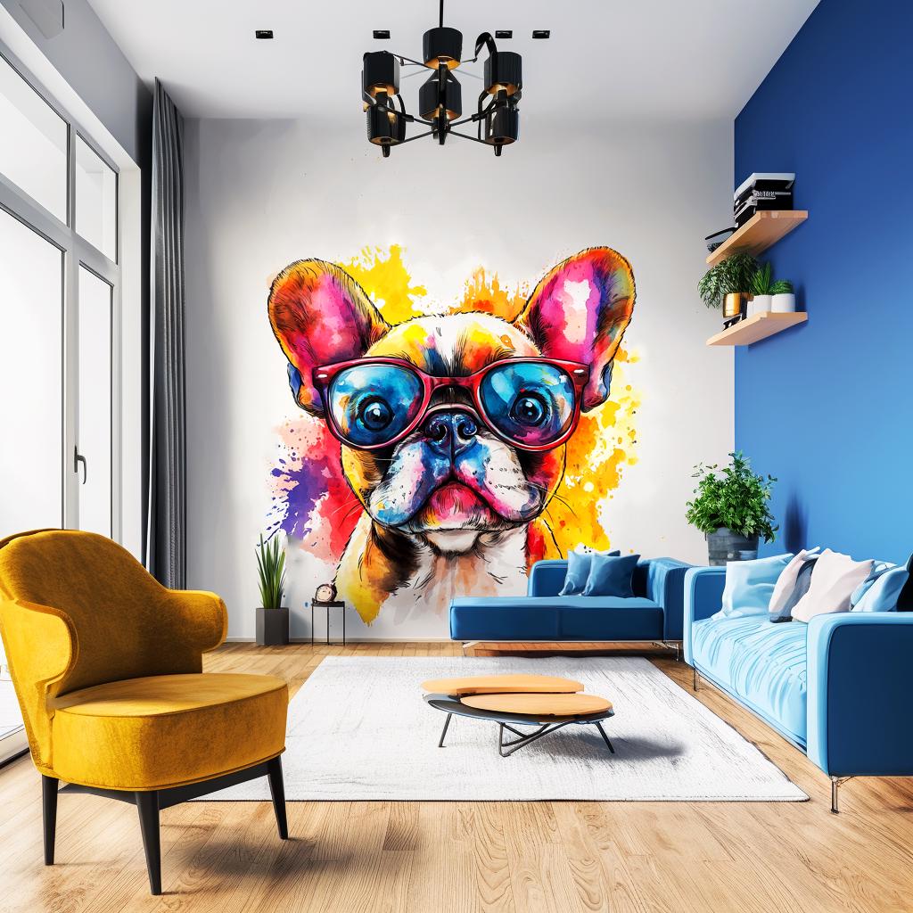 Vibrant Baby French Bulldog Wall Decal with Colorful Sunglasses | Watercolor Splash Cute Puppy Dog Sticker Art | Pet Lovers Room Decor Decal