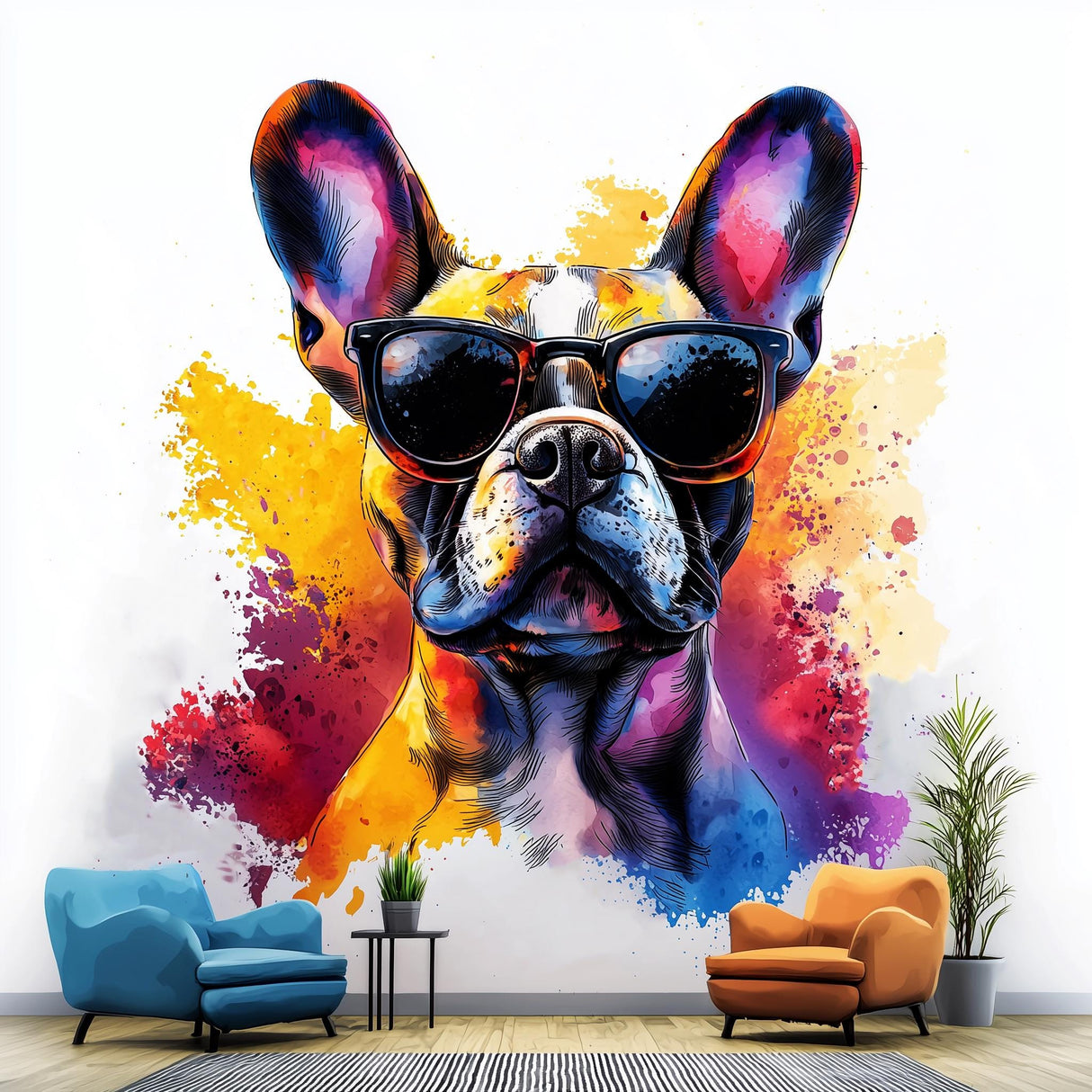 Chic French Bulldog Wall Decal with Stylish Sunglasses | Colorful Watercolor Splash Dog Sticker Art Modern Room Decor | Trendy Home Decals