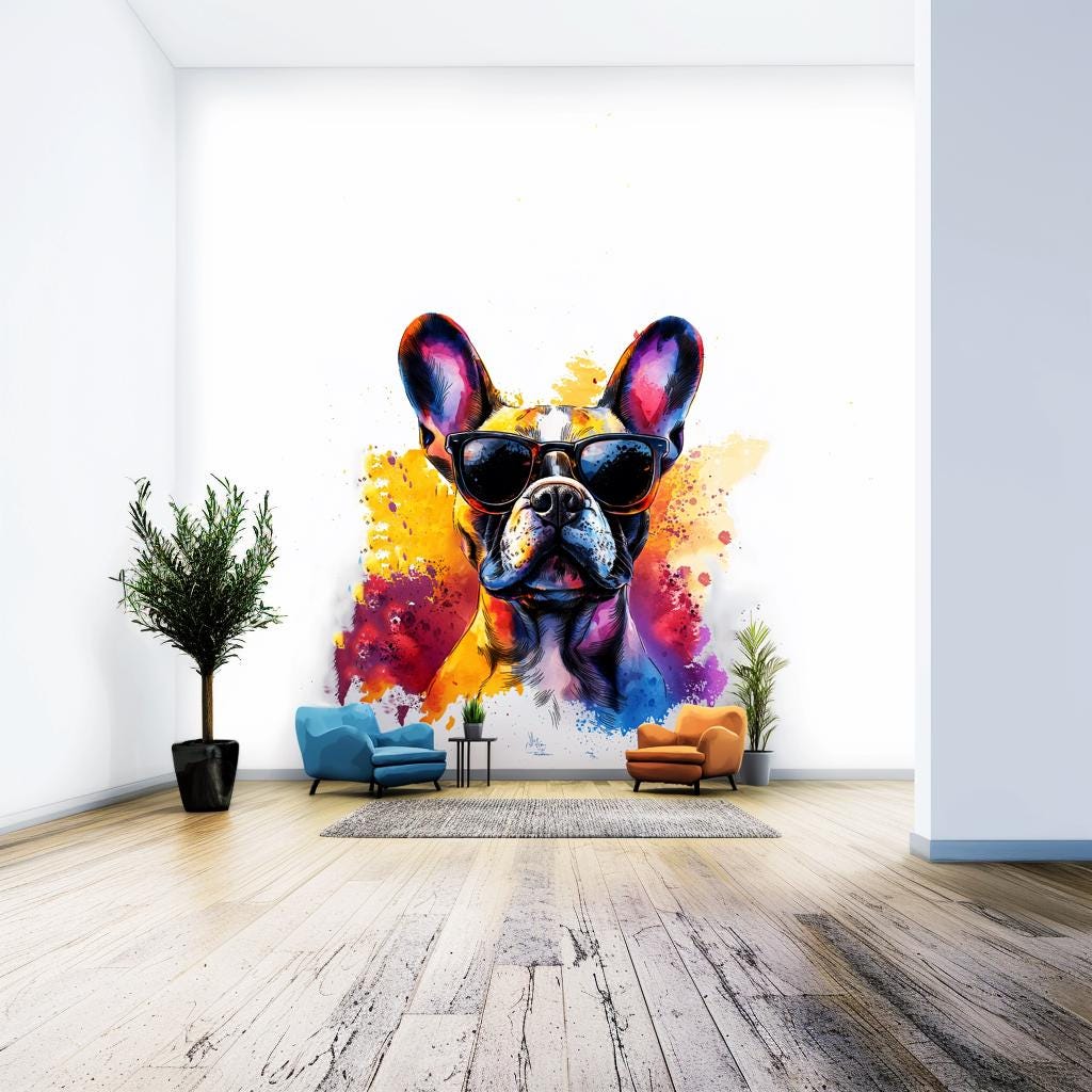 Chic French Bulldog Wall Decal with Stylish Sunglasses | Colorful Watercolor Splash Dog Sticker Art Modern Room Decor | Trendy Home Decals